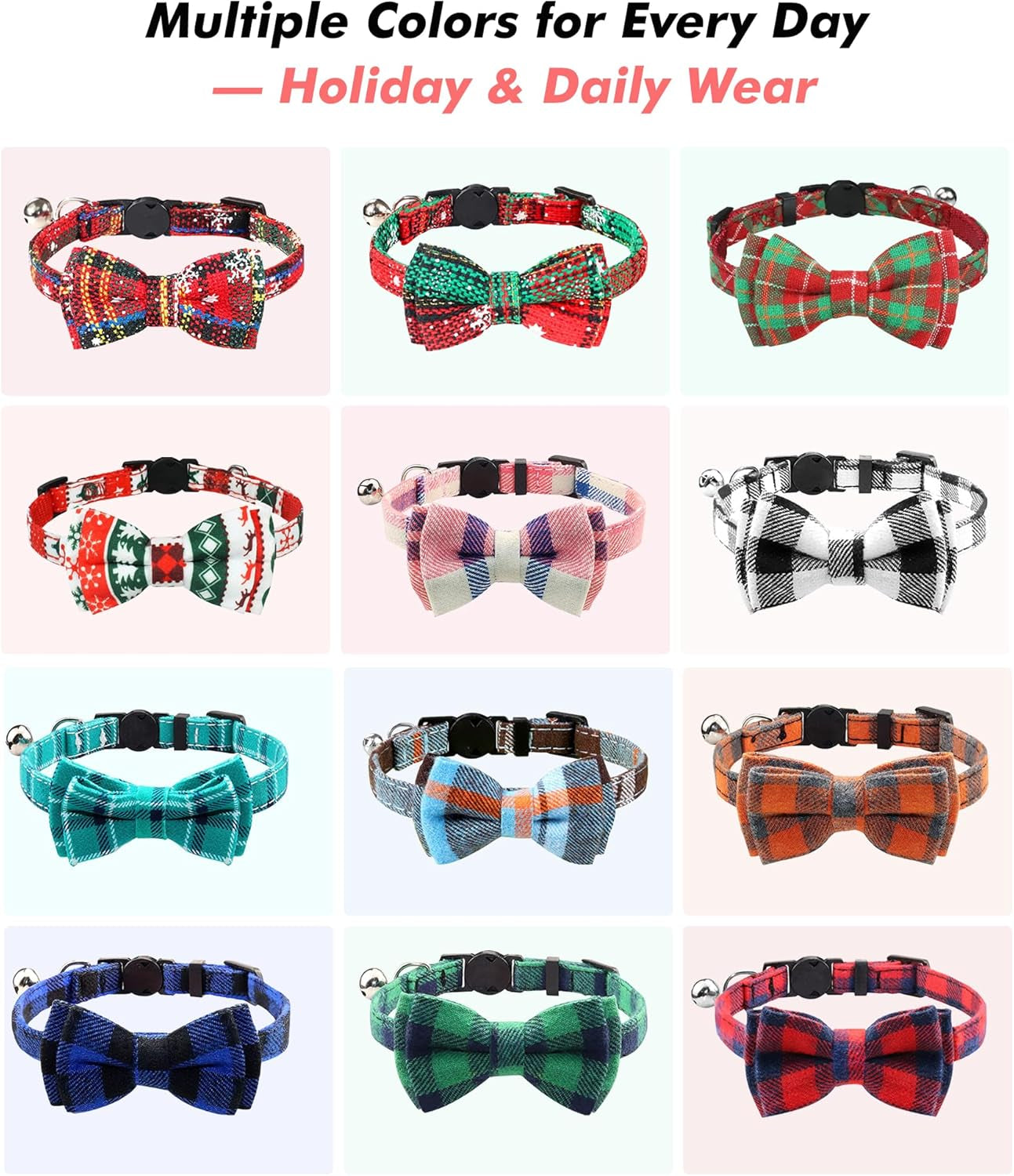 Upgraded Cat Collar with Bells, Breakaway Cat Collars with Bow Tie, 1 Pack Girl Boy Safety Plaid Kitten Collars, Haze Blue